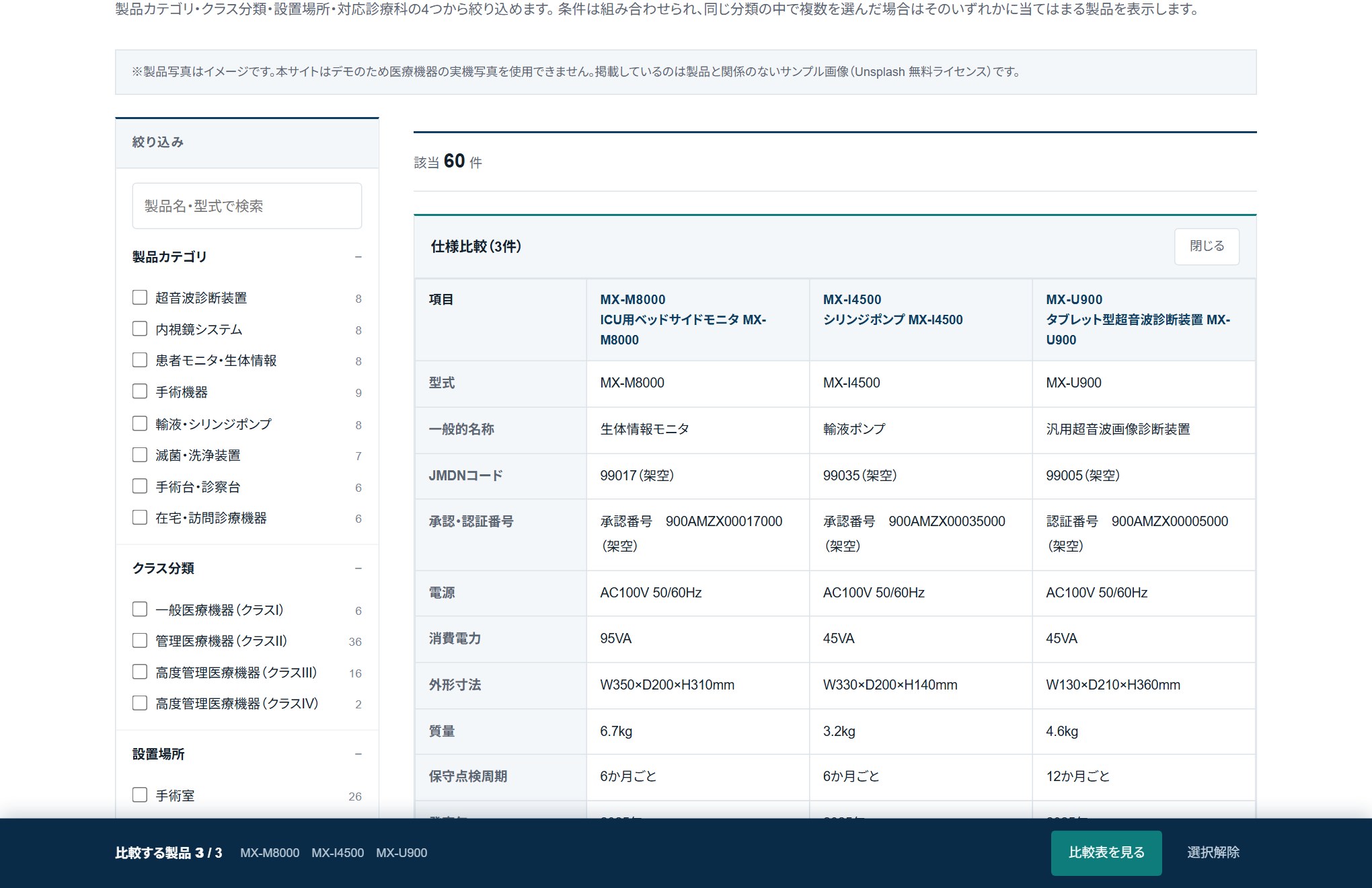 3製品の仕様比較表